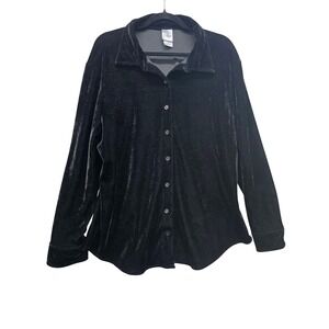 Just My Size JMS Women Black Velvet Button Down Shirt Plus 1X 16W  Long Sleeve